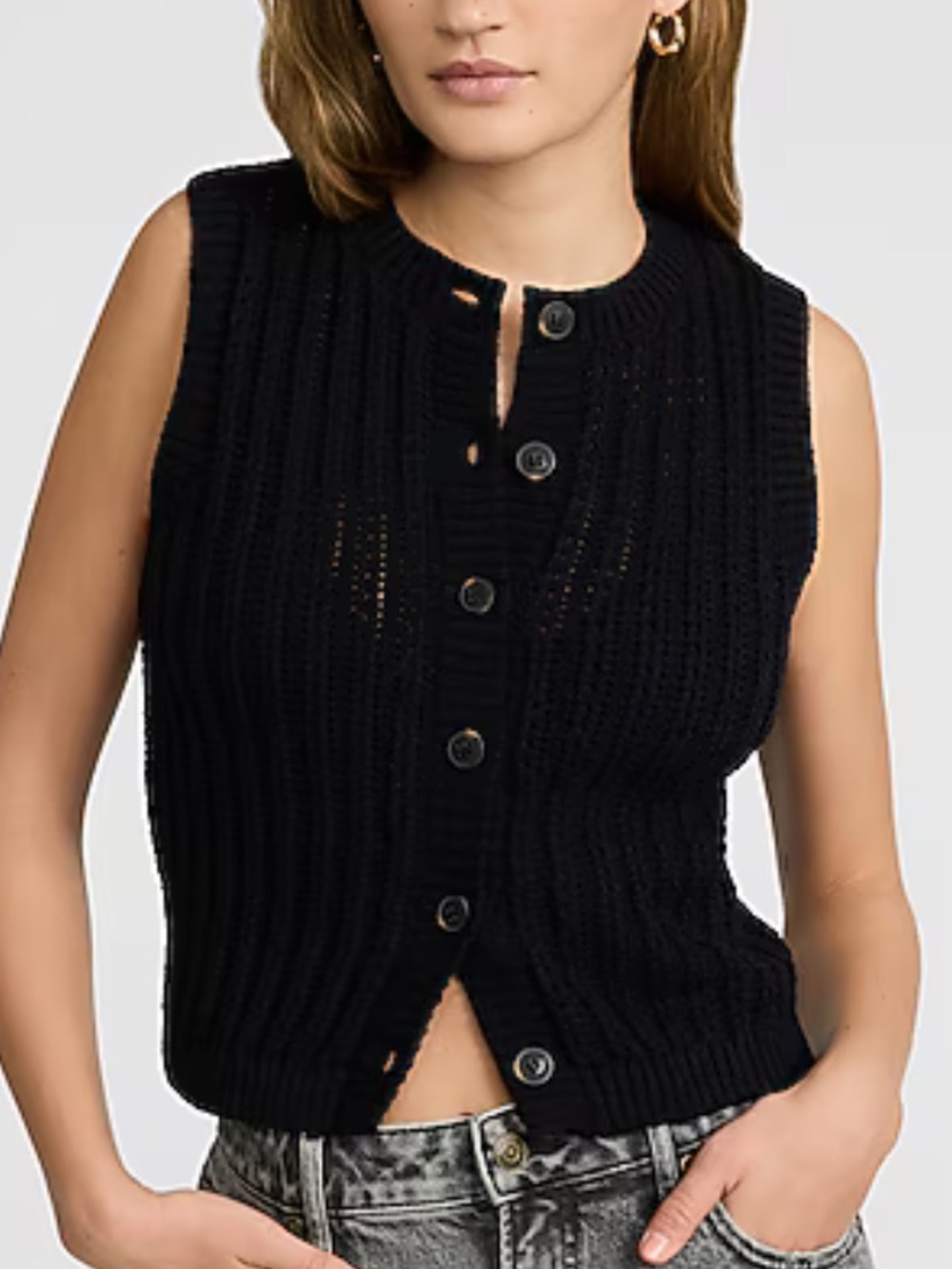 Open Knit Crew Neck Button Front
Sweater Vest